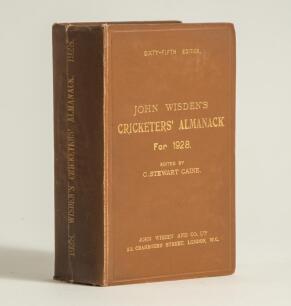 Wisden Cricketers&rsquo; Almanack 1928. 65th edition. Original hardback. Some wear, darkening and vertical crease to spine paper, some dulling to gilt titles on the spine, soiling to page block otherwise in good+ condition