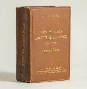 Wisden Cricketers&rsquo; Almanack 1929. 66th edition. Original hardback. Wear to spine paper with vertical creasing, wear to head and base of the spine paper, odd bumping to corners otherwise in good+ condition. Internally very good condition