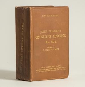 Wisden Cricketers&rsquo; Almanack 1930. 67th edition. Original hardback. Wear to spine paper with vertical creasing, wear to head and base of the spine paper, odd bumping to corners otherwise in good+ condition. Internally very good condition