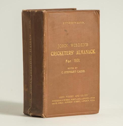 Wisden Cricketers&rsquo; Almanack 1931. 68th edition. Original hardback. Wear to spine paper with vertical creasing, nick to base and wear to head and base of the spine paper, odd bumping to corners otherwise in good+ condition. Internally very good condition