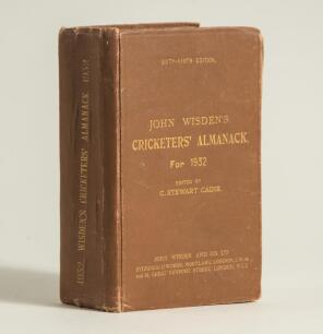Wisden Cricketers&rsquo; Almanack 1932. 69th edition. Original hardback. Wear and wrinkling to both boards, wear to spine paper with vertical creasing, wear to head and base of the spine paper, odd bumping to corners, some breaking to page block otherwise in go