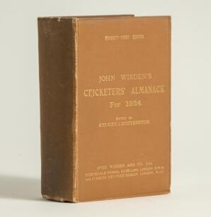 Wisden Cricketers&rsquo; Almanack 1934. 71st edition. Original hardback. General wear to boards, board extremities and spine, faded gilt titles to the spine and dulling to the titles on the front board otherwise in good condition. Internally very good