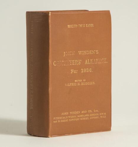 Wisden Cricketers&rsquo; Almanack 1936. 73rd edition. Original hardback. General wear to boards and spine, dulling to the gilt titles to the spine, light vertical crease to the spine paper and dulling and slights loss to the titles on the front board otherwise 