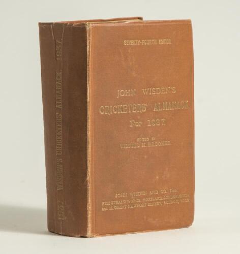 Wisden Cricketers&rsquo; Almanack 1937. 74th edition. Original hardback. Some bowing to the boards, some wear and staining to the boards and extremities, vertical creasing and wear to the spine paper, light staining to the page block otherwise in good condition