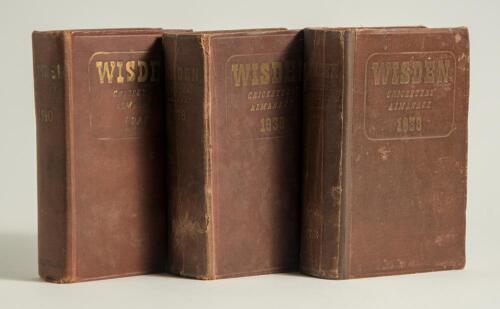 Wisden Cricketers&rsquo; Almanack 1938, 1939 and 1940. 75th 76th & 77th editions. Original hardback editions. All three with worn and darkened boards and spines, dulling and fading to all three editions to the gilt titles on both front board and spines, soiling