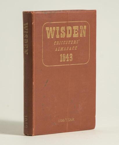 Wisden Cricketers&rsquo; Almanack 1943. 80th edition. Original hardback. Only 1400 hardback copies were printed in this war year. Heavy crease causing some breaking to the front board, light crease to rear, dulling to the gilt titles on the spine otherwise ion 