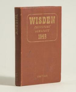 Wisden Cricketers&rsquo; Almanack 1943. 80th edition. Original hardback. Only 1400 hardback copies were printed in this war year. Heavy crease causing some breaking to the front board, light crease to rear, dulling to the gilt titles on the spine otherwise ion 