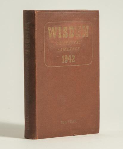 Wisden Cricketers&rsquo; Almanack 1942. 79th edition. Original hardback. Only 900 hardback copies were printed in this war year. Dulling to the gilt titles on the front board and the spine, handwritten ink inscription to first advertising page otherwise in good