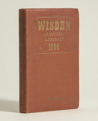 Wisden Cricketers&rsquo; Almanack 1944. 81st edition. Original hardback. Only 1500 hardback copies were printed in this war year. Some dulling to the gilt titles on the front board and spine, bumping to one board corner otherwise in good+ condition. A rare wart
