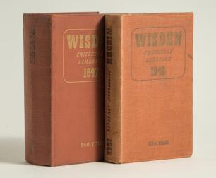 Wisden Cricketers&rsquo; Almanack 1946 & 1947. Original hardback editions. The 1946 edition with some light fading to boards, some dulling to gilt titles, the 1947 edition with breaking to rear internal hinges, some dulling to the gilt titles on the spine other
