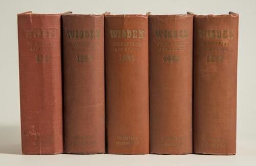 Wisden Cricketers&rsquo; Almanack 1949 to 1953. Original hardback editions. All with broken or breaking front internal hinges with the exception of the 1953 edition, the 1951 edition with broken rear hinges, all editions with dulled gilt titles to spines, some 