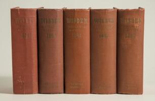 Wisden Cricketers&rsquo; Almanack 1949 to 1953. Original hardback editions. All with broken or breaking front internal hinges with the exception of the 1953 edition, the 1951 edition with broken rear hinges, all editions with dulled gilt titles to spines, some 
