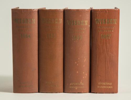 Wisden Cricketers&rsquo; Almanack 1954 to 1957. Original hardback editions. All editions with dulled gilt titles to spines, the 1955 and 1957 editions with dulling to gilt titles front board, the 1955 edition with some staining to the front board otherwise in g