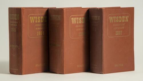Wisden Cricketers&rsquo; Almanack 1961, 1963 and 1964. Original hardback editions. Some dulling to gilt titles on all three editions, the 1961 and 1964 editions with wear and slight breaking to the front internal hinges otherwise in good condition. Qty 3