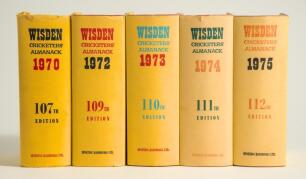 Wisden Cricketers&rsquo; Almanack 1970, 1972, 1973, 1974 and 1975. Original hardback editions with dustwrapper. Some wear and nicks to the top edge of the spine of the dustwrappers of the 1970 and 1974 editions, minor light fading to the spines of the 1974 and 