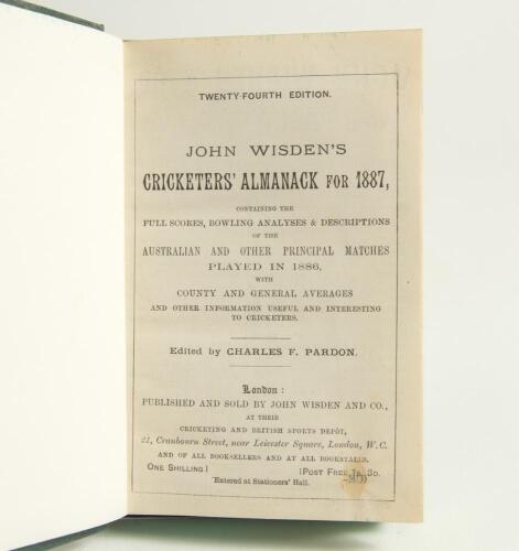 Wisden Cricketers&rsquo; Almanack 1887. 24th edition. Bound in green boards, lacking original wrappers, gilt titles to spine and green speckled page edges. Lacking advertising pages to front and rear otherwise in very good condition