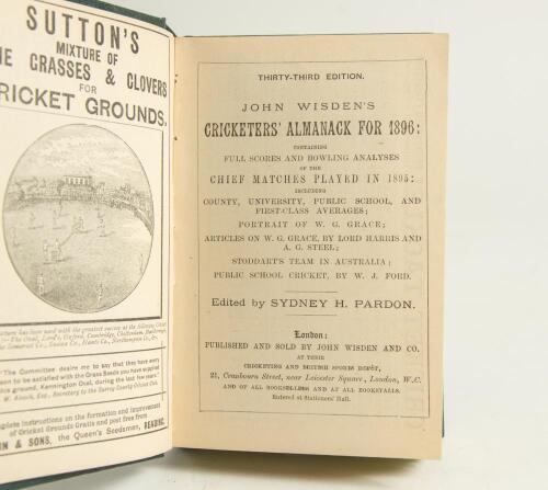 Wisden Cricketers&rsquo; Almanack 1896 and 1897. 33rd & 34th editions. Both bound in green boards, lacking original wrappers, gilt titles to spine and green speckled page edges. Trimming by the binder a little tight in places otherwise in good/very good conditi