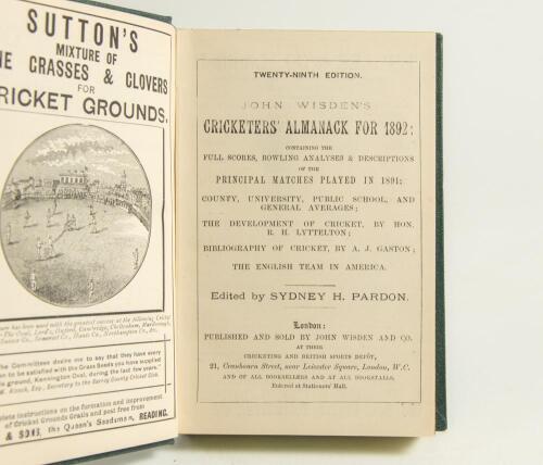 Wisden Cricketers&rsquo; Almanack 1892 and 1893. 29th & 30th editions. Both bound in green boards, lacking original wrappers, gilt titles to spine and green speckled page edges. The 1893 edition lacking the advertising pages at the front of the book, trimming b