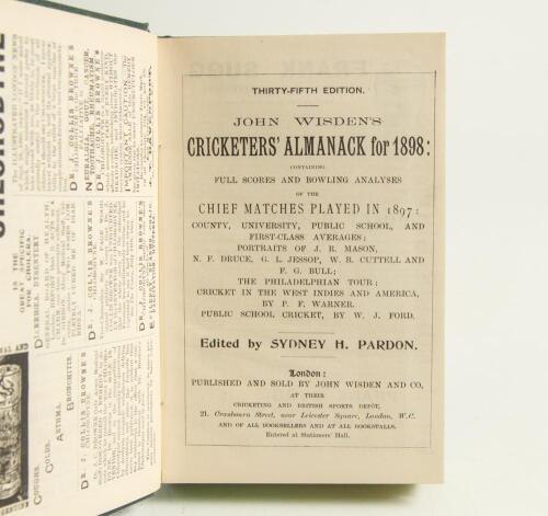 Wisden Cricketers&rsquo; Almanack 1898 and 1899. 35th & 36th editions. Both bound in green boards, lacking original wrappers, gilt titles to spine and green speckled page edges. Trimming by the binder a little tight in places otherwise in good/very good conditi