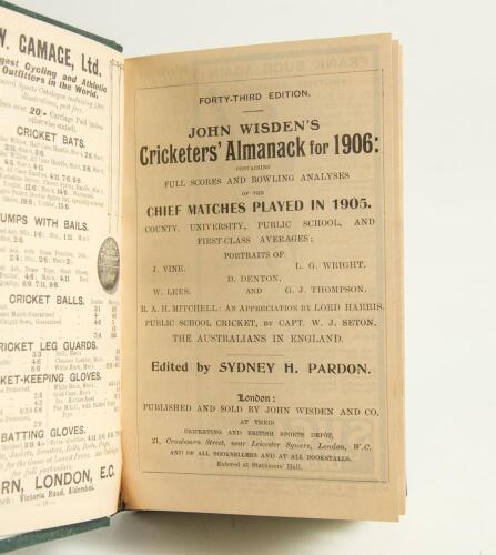 Wisden Cricketers&rsquo; Almanack 1906 and 1907. 43rd & 44th editions. Both bound in green boards, lacking original wrappers, gilt titles to spine and green speckled page edges. Trimming by the binder a little tight in places otherwise in good/very good conditi