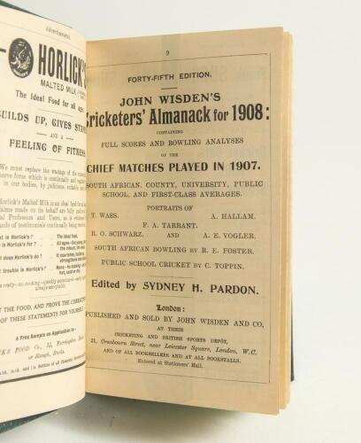 Wisden Cricketers&rsquo; Almanack 1908 and 1909. 45th & 46th editions. Both bound in green boards, lacking original wrappers, gilt titles to spine and green speckled page edges. Trimming by the binder a little tight in places otherwise in good/very good conditi