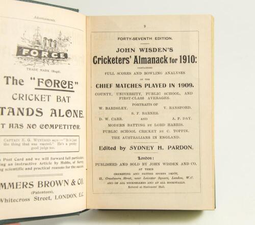 Wisden Cricketers&rsquo; Almanack 1910 and 1911. 47th & 48th editions. Both bound in green boards, lacking original wrappers, gilt titles to spine and green speckled page edges. Trimming by the binder a little tight in places otherwise in good/very good conditi