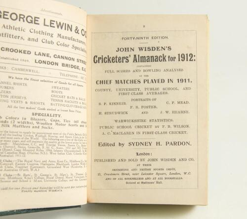 Wisden Cricketers&rsquo; Almanack 1912 and 1913. 49th & 50th editions. Both bound in green boards, lacking original wrappers, gilt titles to spine and green speckled page edges. Trimming by the binder a little tight in places otherwise in good/very good conditi