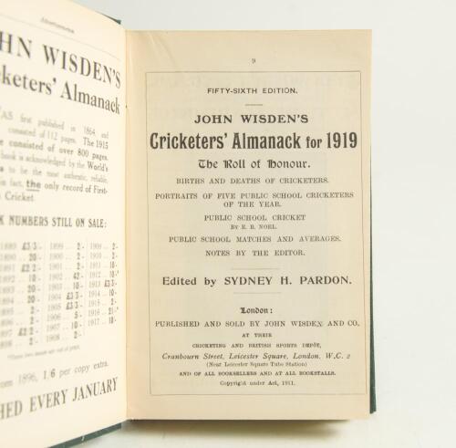 Wisden Cricketers&rsquo; Almanack 1919. 56th edition. Bound in green boards, lacking original wrappers, gilt titles to spine and green speckled page edges. Rare war-time edition. Good/very good condition