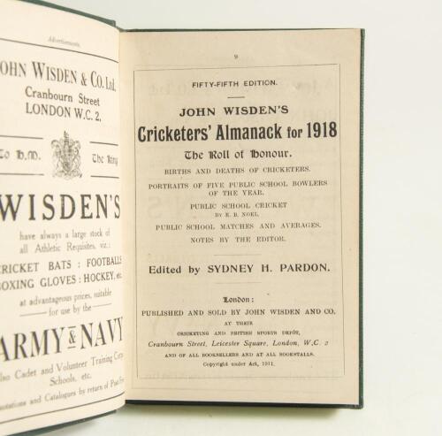 Wisden Cricketers&rsquo; Almanack 1918. 55th edition. Bound in green boards, lacking original wrappers, gilt titles to spine and green speckled page edges. Signed in pencil to the top border of the first advertising page by Reg Perks, Worcestershire & England 1