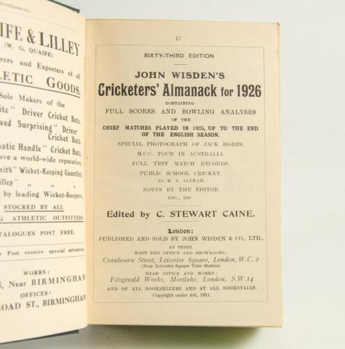 Wisden Cricketers&rsquo; Almanack 1926, 1927 and 1928. 63rd to 65th editions. All three bound in green boards, lacking original wrappers, gilt titles to spine and green speckled page edges. Good/very good condition. Qty 3