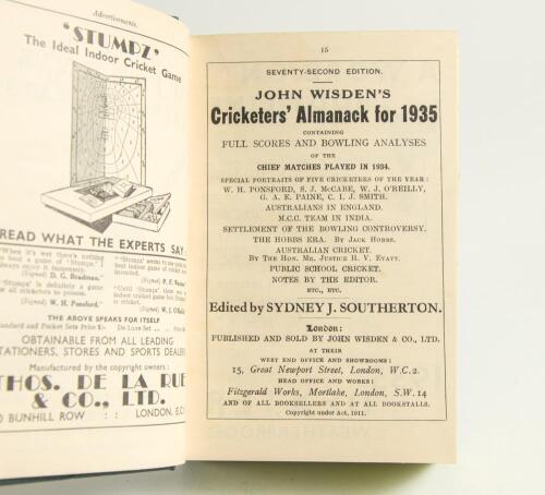 Wisden Cricketers&rsquo; Almanack 1935, 1936 and 1937. 72nd to 74th editions. All three bound in green boards, lacking original wrappers, gilt titles to spine and green speckled page edges. Good/very good condition. Qty 3