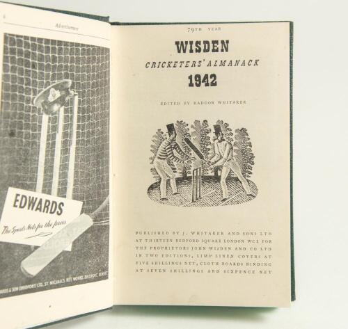 Wisden Cricketers&rsquo; Almanack 1942. 79th edition. Only 4100 paper copies were printed in this war year. Bound in green boards, lacking original wrappers, gilt titles to spine and green speckled page edges. Rare war-time edition. Very good condition
