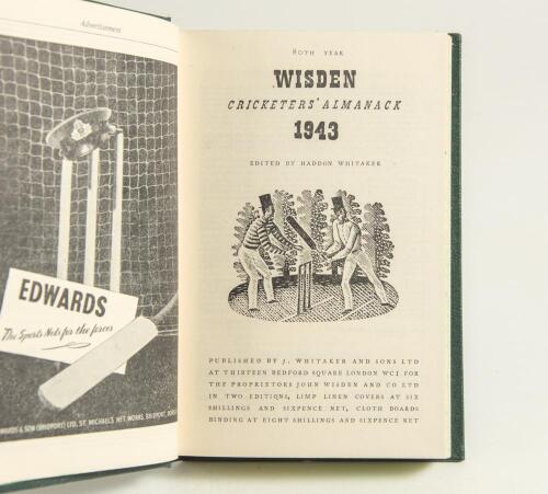 Wisden Cricketers&rsquo; Almanack 1943. 80th edition. Only 5600 paper copies were printed in this war year. Bound in green boards, lacking original wrappers, gilt titles to spine and green speckled page edges. Rare war-time edition. Very good condition