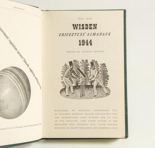 Wisden Cricketers&rsquo; Almanack 1944. 81st edition. Only 5600 paper copies were printed in this war year. Bound in green boards, lacking original wrappers, gilt titles to spine and green speckled page edges. Rare war-time edition. Very good condition