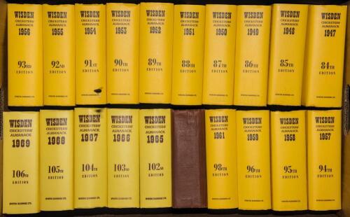 Wisden Cricketers&rsquo; Almanack 1947 to 2015. Original hardback editions. An almost complete run but lacking the 1960, 1962, 1964, 1991, 1995 and 1996 editions. The majority of the books with replacement dustwrappers, with the exception of the 1963 edition wh