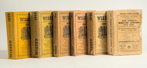 Wisden Cricketers&rsquo; Almanack 1933, 1940, 1944, 1946, 1949 and 1950. Original paper wrappers and cloth covered editions. All editions with some soiling and age toning to wrappers and covers. The 1933 edition with wear and loss to wrappers, heavier to the f