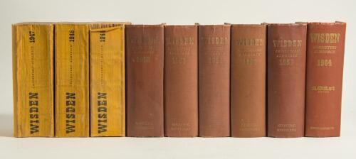 Wisden Cricketers&rsquo; Almanacks 1947, 1948 (2), 1952, 1953, 1954, 1958, 1959 and 1964. The first three books are softback editions, the remainder are original hardback editions. All books with faults, the three softback editions with soiled and worn covers, 