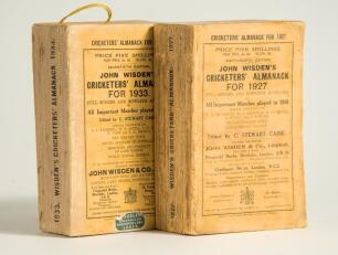 Wisden Cricketers&rsquo; Almanack 1927 and 1933. Original paper wrappers. Some wear, soiling and age toning to both wrappers and spine otherwise in good condition. Qty 2