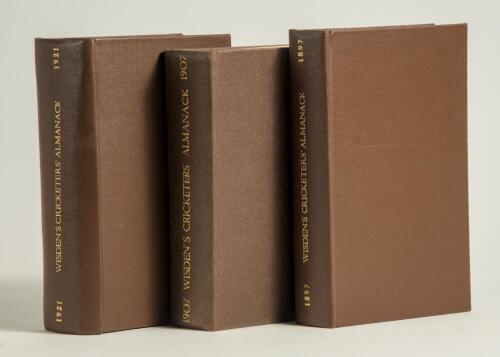 Wisden Cricketers&rsquo; Almanack 1897, 1907 and 1921. All three editions bound in dark brown boards. The 1897 with poor front wrapper, lacking the rear, the 1907 lacking wrappers and with some damage to page corners at the rear of the book and the 1921 with or