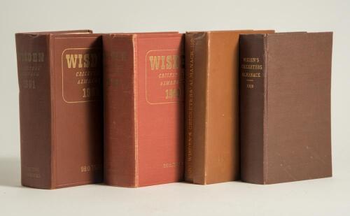 Wisden Cricketers&rsquo; Almanack 1909 and 1920. Both editions bound in brown boards, lacking original paper wrappers, gilt titles to spine and both in good condition. Sold with original hardback editions for 1949 and 1961. The 1949 edition with broken internal
