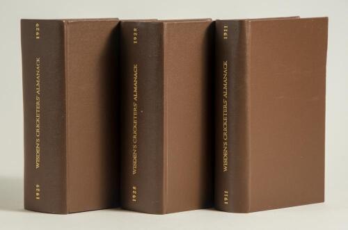 Wisden Cricketers&rsquo; Almanack 1911, 1928 and 1929. All three editions bound in dark brown boards, the first two editions with original paper wrappers, gilt titles to spine. The 1911 edition with poor darkened wrappers with heavy loss to extremities, the 192