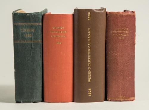 Wisden Cricketers&rsquo; Almanack 1923, 1928, 1932 and 1933. All four editions bound in various boards, all lacking original paper wrappers with the exception of the 1928 edition which has a poor front wrapper, gilt titles to spine. Some wear to the maroon boar