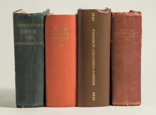 Wisden Cricketers&rsquo; Almanack 1923, 1928, 1932 and 1933. All four editions bound in various boards, all lacking original paper wrappers with the exception of the 1928 edition which has a poor front wrapper, gilt titles to spine. Some wear to the maroon boar