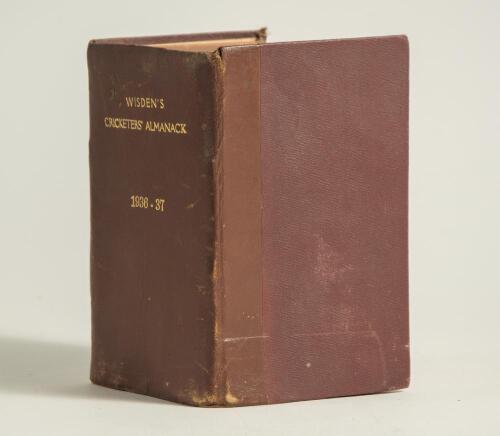Wisden Cricketers&rsquo; Almanack 1936 and 1937. 73rd & 74th editions. The two books bound together in brown boards, with original wrappers, with gilt titles to spine, red speckled page edges. Worn and soiled front wrappers with handwritten annotation to both, 