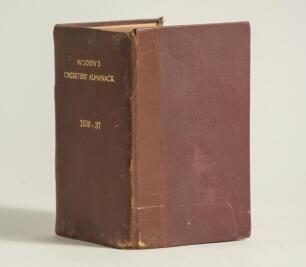 Wisden Cricketers&rsquo; Almanack 1936 and 1937. 73rd & 74th editions. The two books bound together in brown boards, with original wrappers, with gilt titles to spine, red speckled page edges. Worn and soiled front wrappers with handwritten annotation to both, 