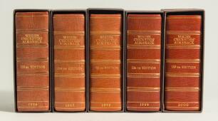 Wisden Cricketers&rsquo; Almanack 1996 to 2000. 133rd to 137th editions. De luxe full leather bound limited edition hardbacks. Gilt lettering and gilt to all page edges. In slip case. Limited edition number 115 of only 150 copies, signed by Matthew Engel, Edito
