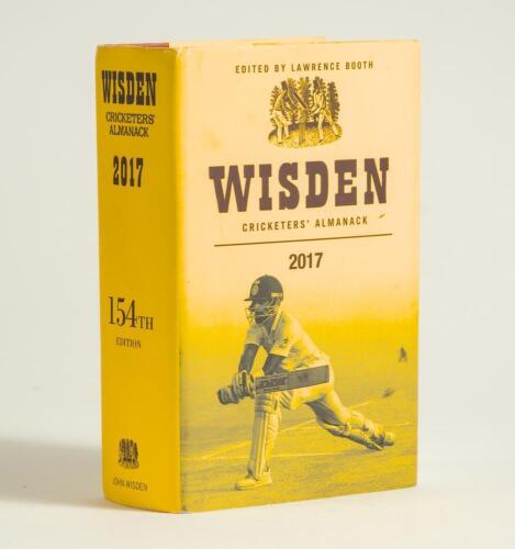 Wisden Cricketers&rsquo; Almanack 2017. Original hardback edition with dustwrapper. Signed in ink by &lsquo;four of the five &lsquo;Cricketers of the Year&rsquo; to their photograph plate, Ben Duckett, Misbah-ul-Haq, Toby Roland-Jones and Chris Woakes. Also signed to text pages 