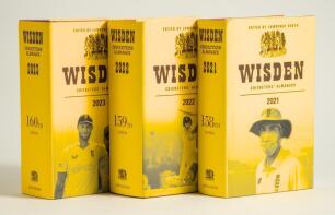 Wisden Cricketers&rsquo; Almanack 2021, 2022 and 2023. Original hardback editions with dustwrapper. The 2021 signed in ink by four of the five &lsquo;Cricketers of the Year&rsquo; to their photograph plate, Jason Holder, Dominic Sibley, Darren Stevens and Zak Crawley, the 
