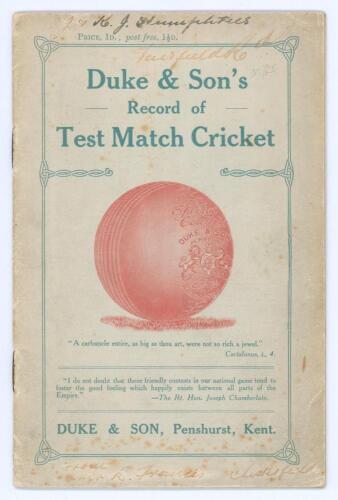 Triangular Test Tournament 1912. &lsquo;Duke & Son&rsquo;s Record of Test Match Cricket&rsquo;. F.S. Ashley-Cooper. Penshurst 1912. 24pp booklet with original decorative paper wrappers, produced in the lead-up to the Triangular Test Tournament between England, Australia an