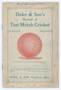 Triangular Test Tournament 1912. &lsquo;Duke & Son&rsquo;s Record of Test Match Cricket&rsquo;. F.S. Ashley-Cooper. Penshurst 1912. 24pp booklet with original decorative paper wrappers, produced in the lead-up to the Triangular Test Tournament between England, Australia an